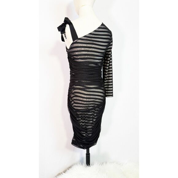 BCBG Max Azria | Black White Striped | One Sleeve Bodycon | Sz S - Picture 5 of 12